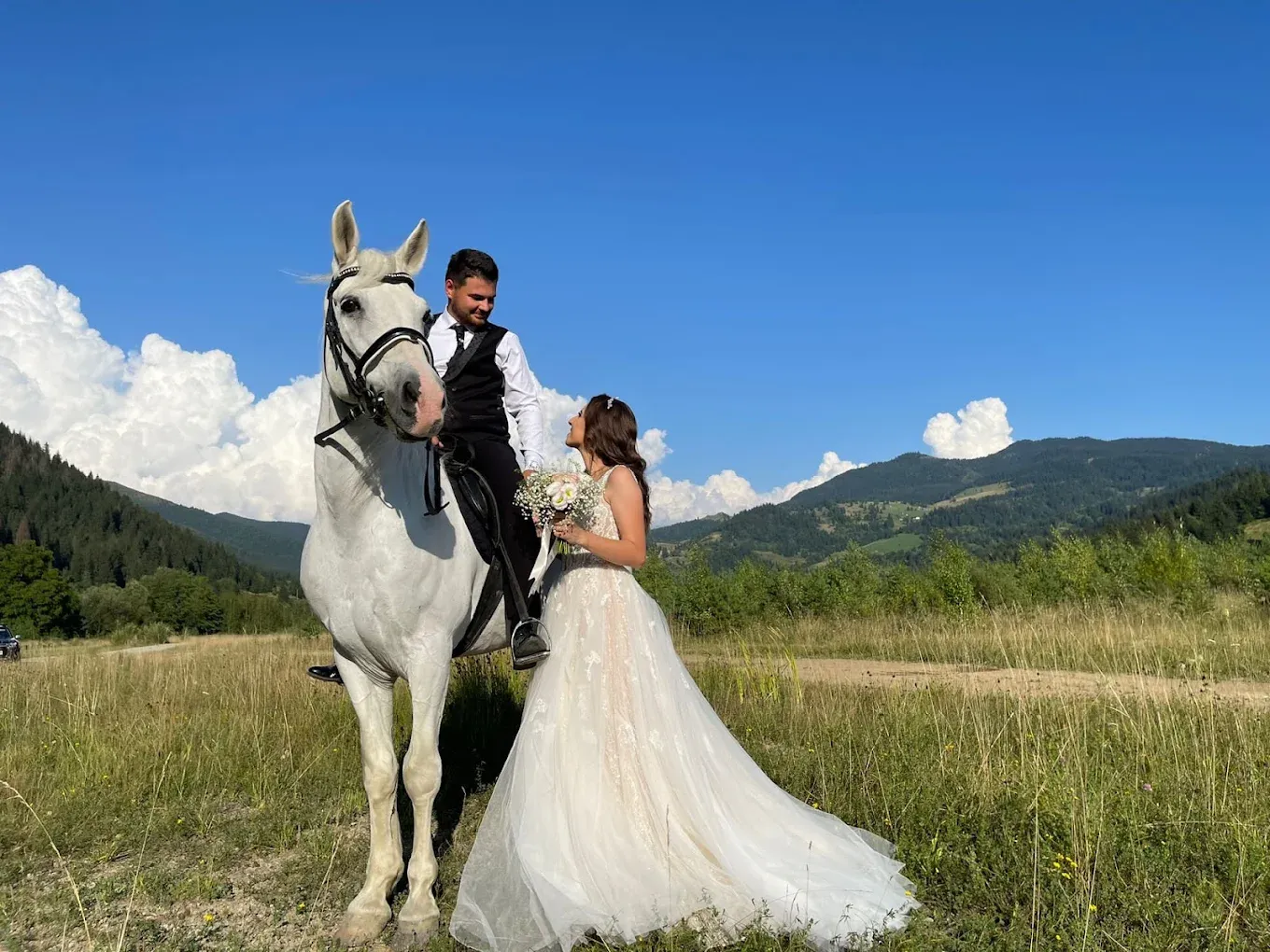 Scarto la o nuntă: mirele stă călare pe el, mireasa în rochie albă îl privește, cu munți și nori în fundal